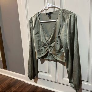 Stylish Green Silk Long Sleeve Crop Top - Size Medium - Women’s